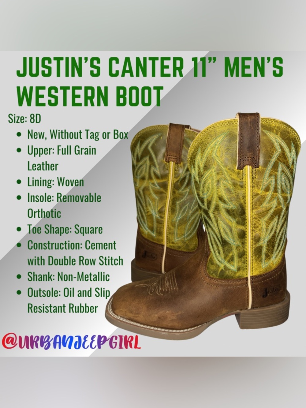 Justin Canter Men's 11" Western Boot - Size 8D Brandy Brown, New without box